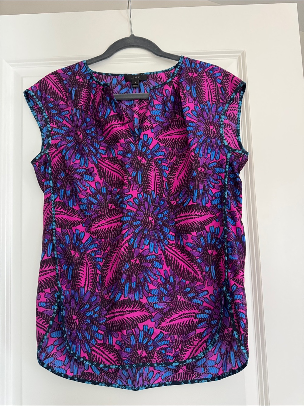 J. Crew Pink and Blue Floral Silk Cap-Sleeve Shell